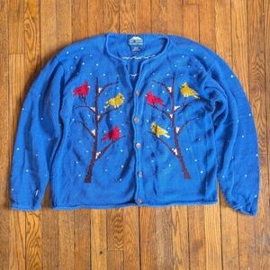 Vintage 90's Winter Birds Scene Handknit Cardigan Sweater